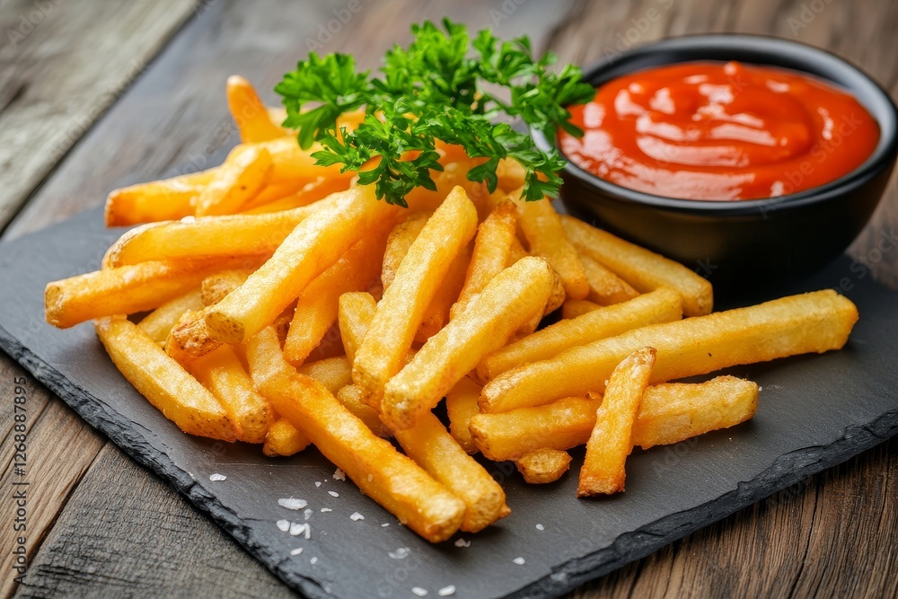 Crispy French Fries with Ketchup - Golden brown french fries seasoned with salt served on a dark slate with a side of ketchup Crispy French Fries with Ketchup - Golden brown french fries seasoned with salt served on a dark slate with a side of ketchup