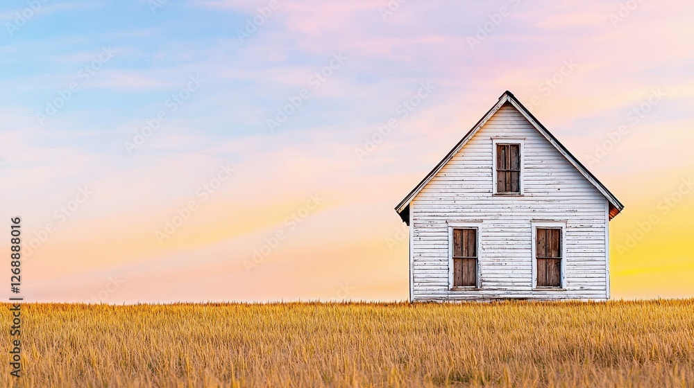 Abandoned House in Countryside Concept, Rustic Countryside Home with Boarded Windows Under a Soft Colorful Sky at Dusk Abandoned House in Countryside Concept, Rustic Countryside Home with Boarded Windows Under a Soft Colorful Sky at Dusk