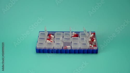 Hand picking up a red and white capsule from a pill box