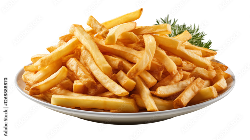 Crispy French Fries Golden Potato Dish, Yummy Snack for Dinner Plates, isolated on transparent background. Crispy French Fries Golden Potato Dish, Yummy Snack for Dinner Plates, isolated on transparent background.