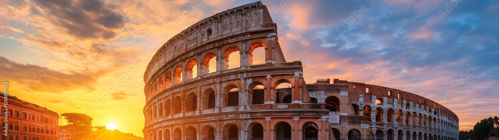 Obraz premium Breathtaking sunset over the iconic Colosseum in Rome Italy A stunning view of the historic ancient Roman architectural landmark against a dramatic vibrant sky