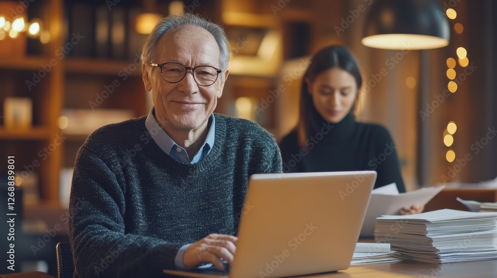 Senior man with glasses smiles while working on laptop in cozy office environment with young woman in background Senior man with glasses smiles while working on laptop in cozy office environment with young woman in background