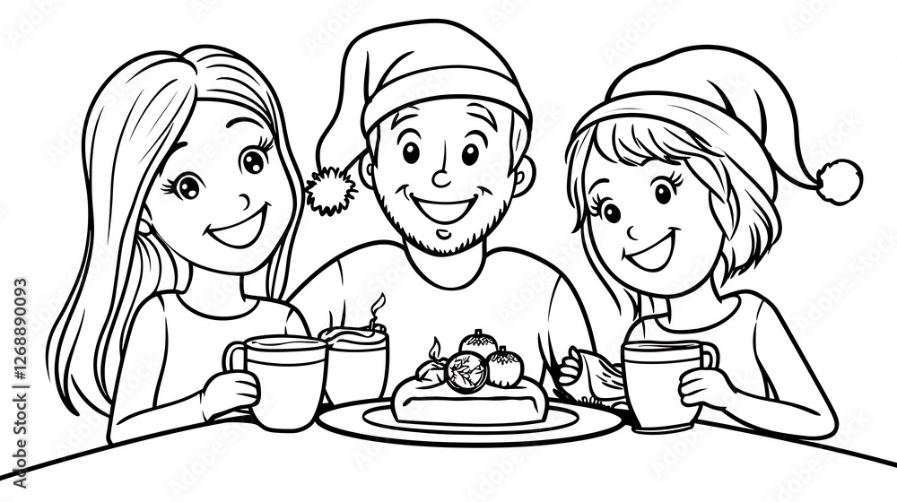 Happy Friends Celebrating Holiday Together with Warm Drinks and Dessert Happy Friends Celebrating Holiday Together with Warm Drinks and Dessert