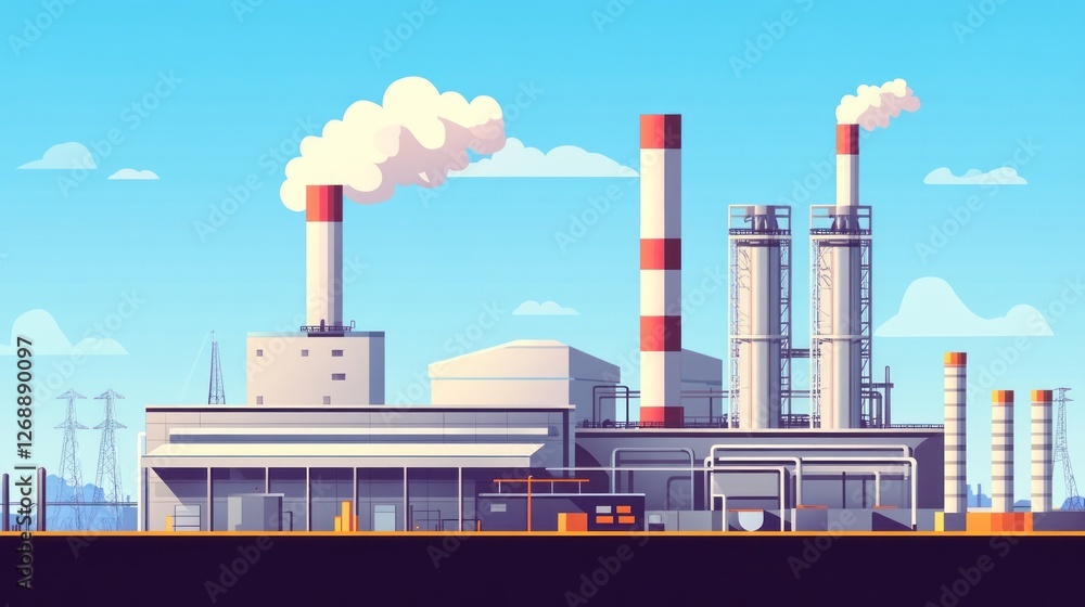 Obraz premium Industrial factory complex with smokestacks emitting pollution under a clear sky.