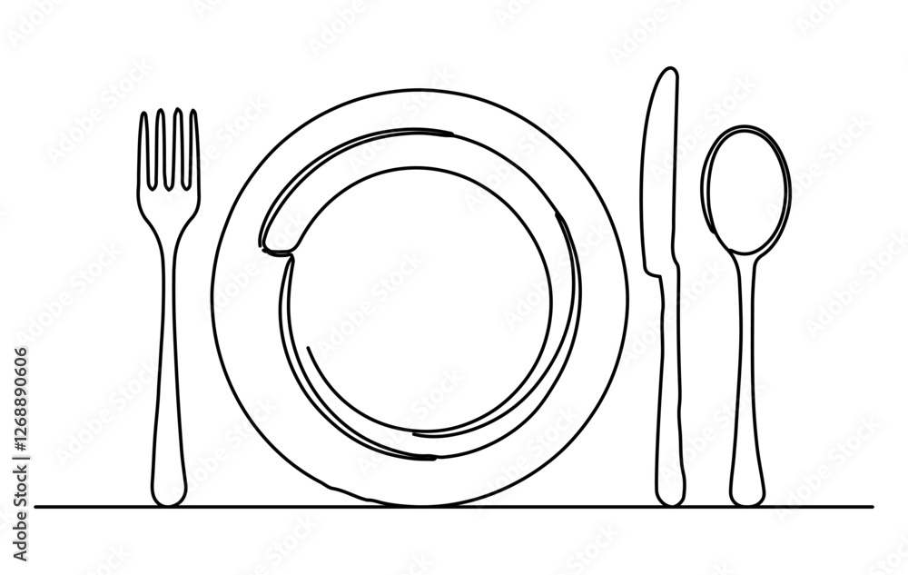 Fork, plate, knife and spoon, drawn in a minimalistic way with a single line. The white background presents every detail clearly. Fork, plate, knife and spoon, drawn in a minimalistic way with a single line. The white background presents every detail clearly.