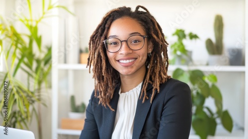Free Download Cheerful office portrait of a woman with dreadlocks in a modern workspace surrounded by plants - GFXLoad