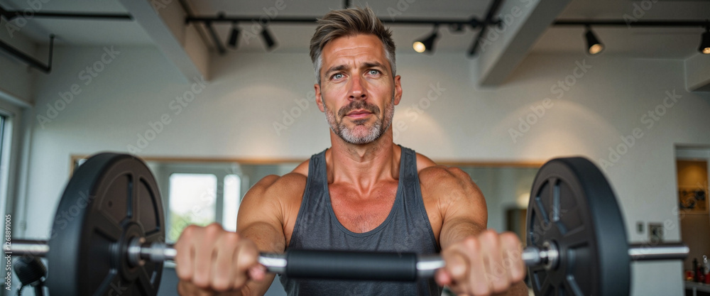 Focused middle-aged man lifting weights in modern gym, fitness dedication Focused middle-aged man lifting weights in modern gym, fitness dedication