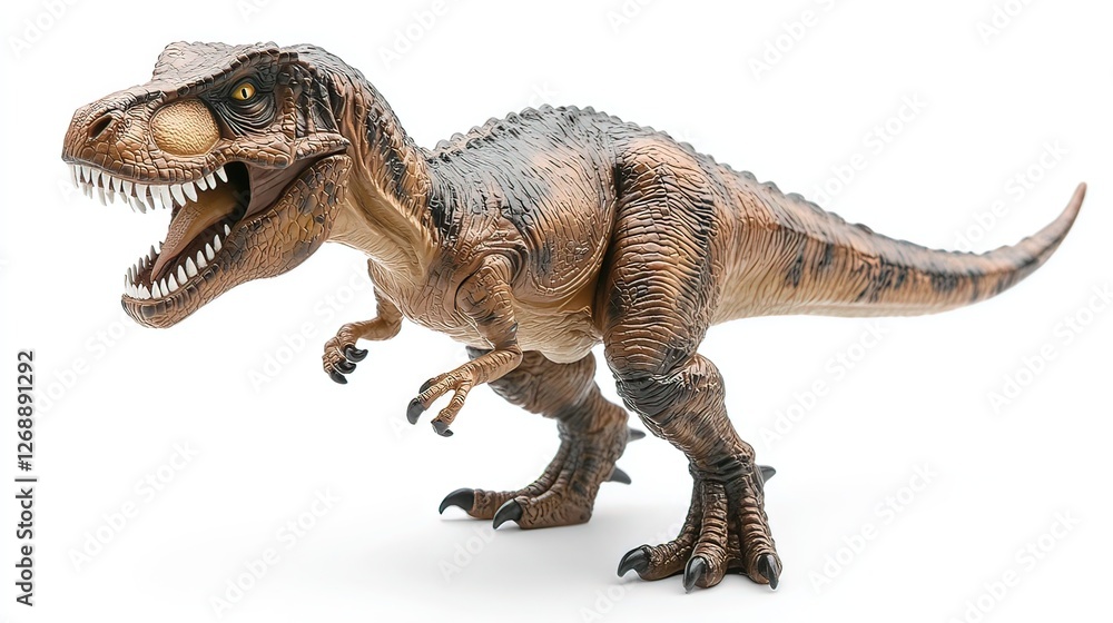 Fototapeta premium Menacing T-Rex figurine with sharp teeth, isolated and striking, conveying primal ferocity and raw power.