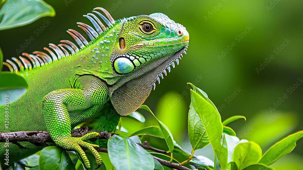 Vibrant Green Iguana Resting on Branch Surrounded by Lush Foliage Vibrant Green Iguana Resting on Branch Surrounded by Lush Foliage