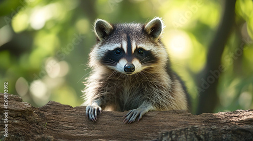 A captivating raccoon portrait showcasing its distinctive facial features, masked eyes, and inquisitive expression, creating an engaging encounter. photo