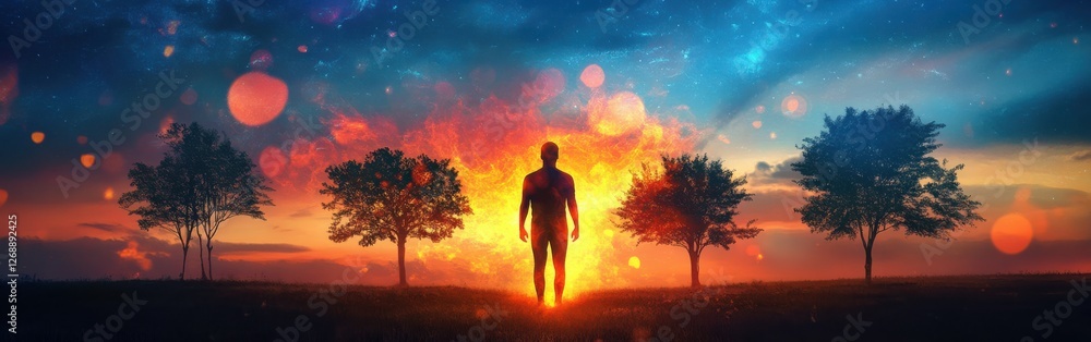 A silhouetted man glowing against a vibrant sunset with silhouettes of trees in a tranquil environment A silhouetted man glowing against a vibrant sunset with silhouettes of trees in a tranquil environment