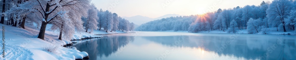 Fototapeta premium Frozen lake, snow-covered trees, crisp winter air, lake, white