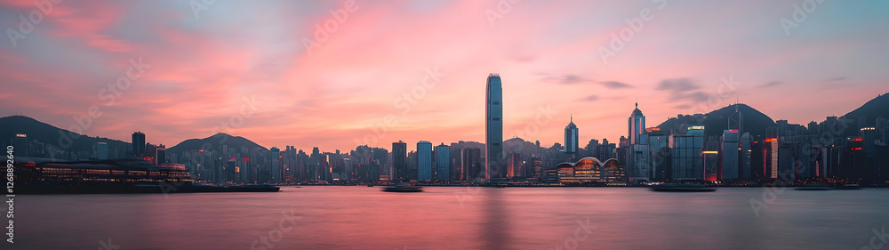 Obraz premium Breathtaking Sunset Skyline of Iconic Hong Kong Harbor and Financial District Panoramic view of the bustling city with skyscrapers lights and reflections in the water
