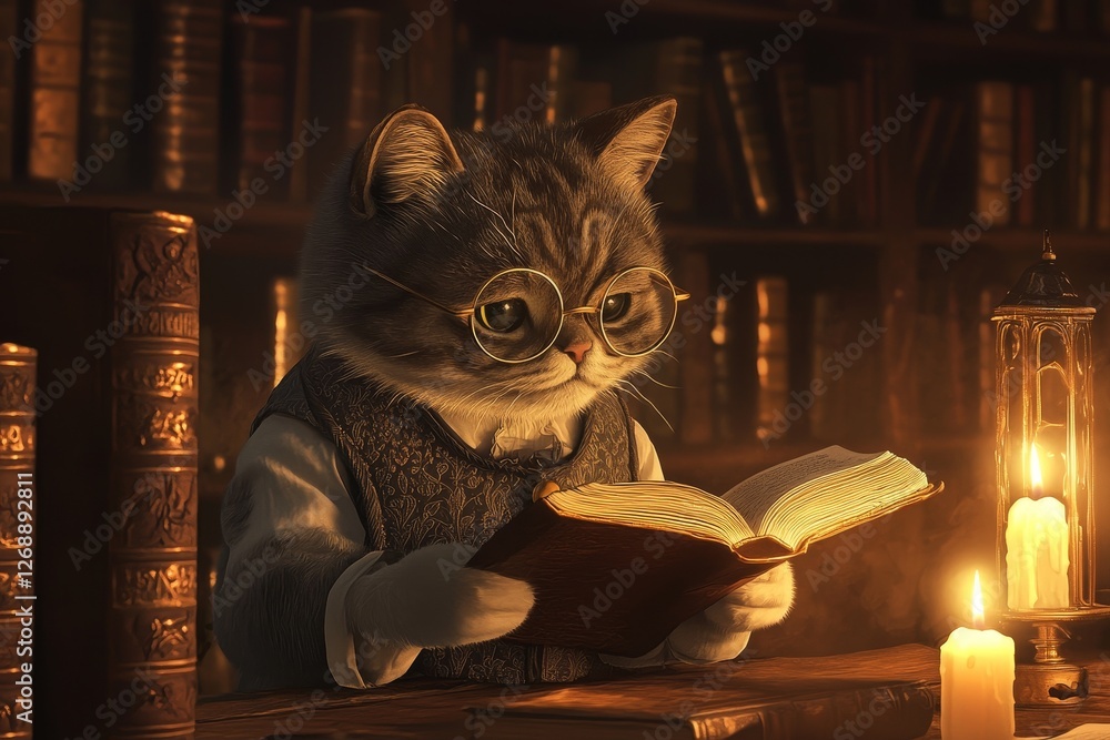 Cat in glasses reads book near candles. Cat in glasses reads book near candles.