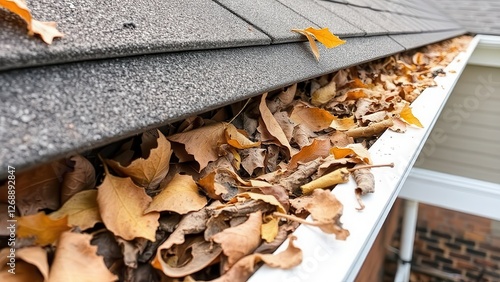 a house gutter filled with dry leaves and debris, showing the edge of the roof with asphalt shingles