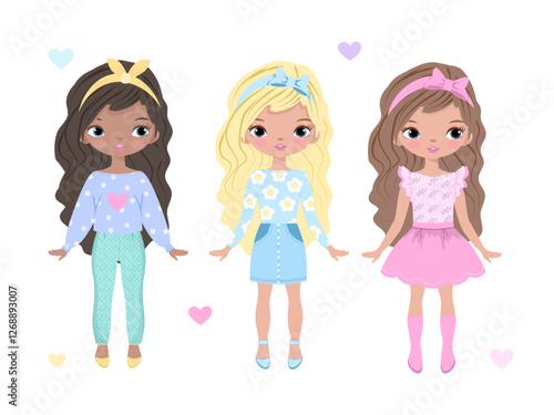 Cute girls. Cartoon girl. Fashion. Dolls. Set, collection. Vector illustration isolated on white background.Poster, print, t shirt design, typography, greeting card, textile. Child, kids, children.eps