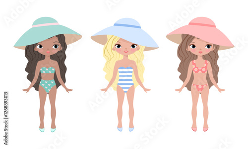 Cute girls. Cartoon girl. Fashion. Dolls. Set, collection. Vector illustration isolated on white background.Poster, print, t shirt design, typography, greeting card, textile. Child, kids, children. 