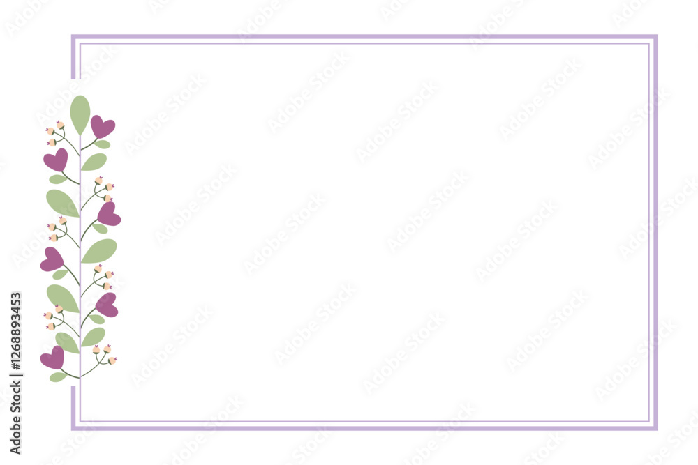 Purple Rectangular Borders Frame Or Wreath With Leaves And Love Purple Flowers