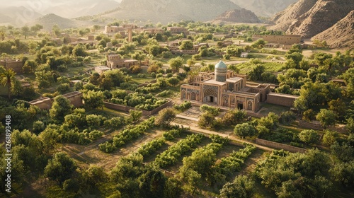 Wallpaper Mural Aerial view of a Central Asian village with a mosque and lush gardens Torontodigital.ca