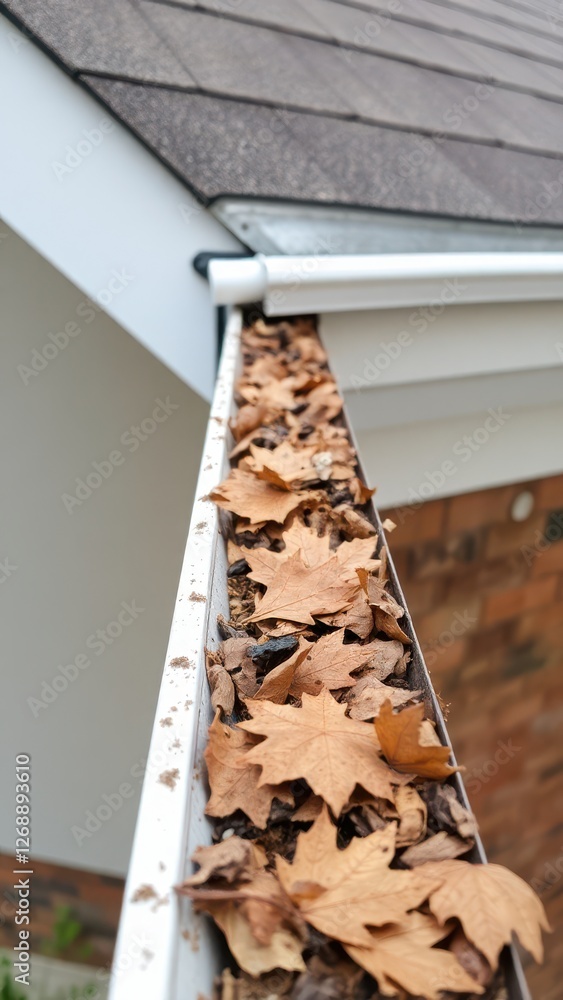 a house gutter filled with dry leaves and debris, showing the edge of the roof with asphalt shingles a house gutter filled with dry leaves and debris, showing the edge of the roof with asphalt shingles