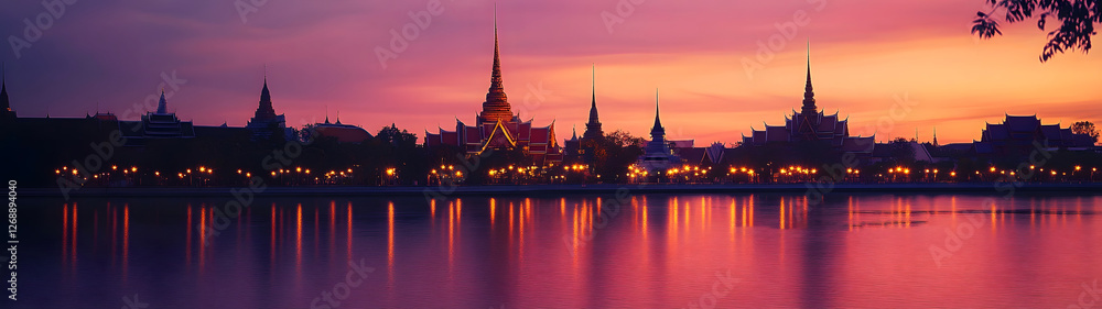 Obraz premium Breathtaking sunset view of the ornate Buddhist temples and pagodas of Bangkok Thailand dramatically reflected in the calm waters of the river