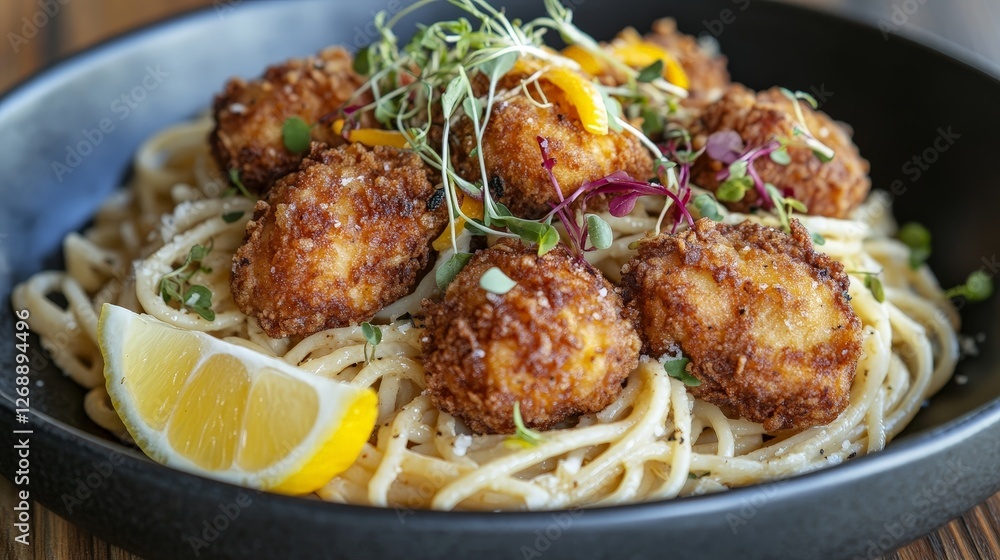 A delicious plate of spaghetti topped with crispy fried seafood and garnished with lemon. A delicious plate of spaghetti topped with crispy fried seafood and garnished with lemon.