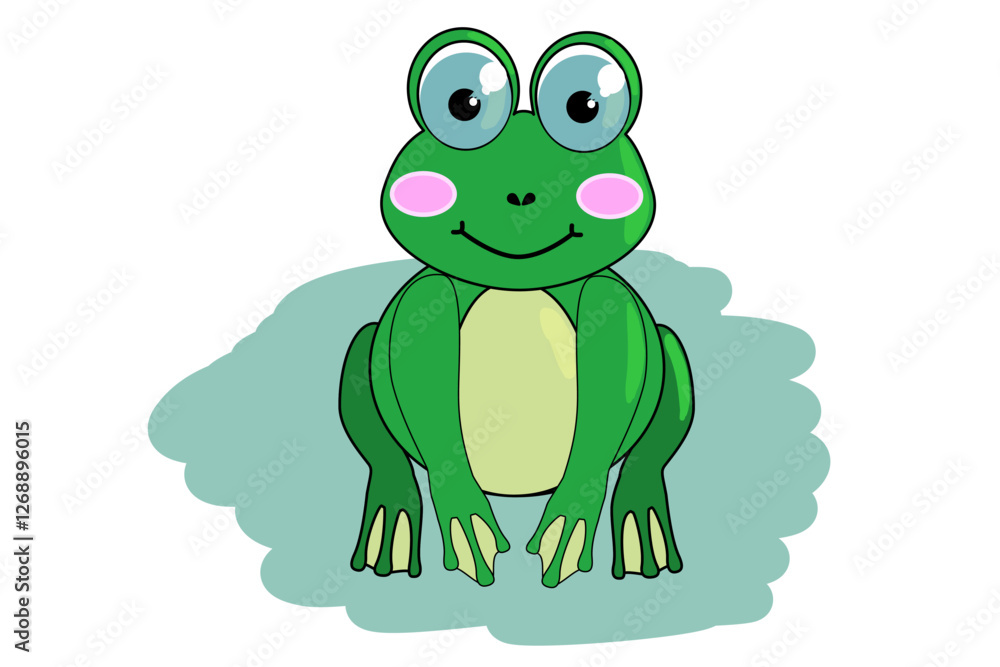 Obraz premium Cute, green frog with big eyes with blue color. Little frog on a light background. Pink cheeks, smile. Doodle design, tile, background, repeat, wallpaper, scarf, isolated, cartoon, illustration.