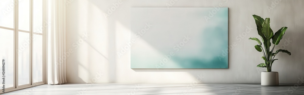 Elegant white canvas art creating a serene atmosphere in a bright, airy room with natural light Elegant white canvas art creating a serene atmosphere in a bright, airy room with natural light