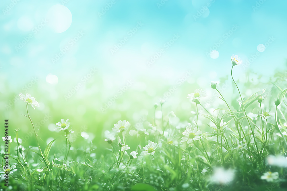 Fototapeta premium Soft and dreamy spring meadow with delicate white flowers and a pastel blue sky. A peaceful and refreshing nature scene perfect for wellness, relaxation, eco-friendly concepts, and seasonal background