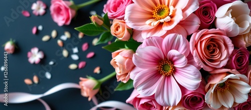 Pink and peach flowers, including roses and dahlias, on a dark background with scattered small white flowers and a white ribbon.