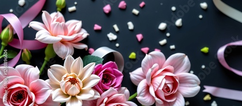 Pink and white flowers on a dark background with pink and white confetti and pink ribbons.