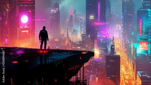 Cyberpunk Cityscape Lone Figure Contemplates Neon Future photo