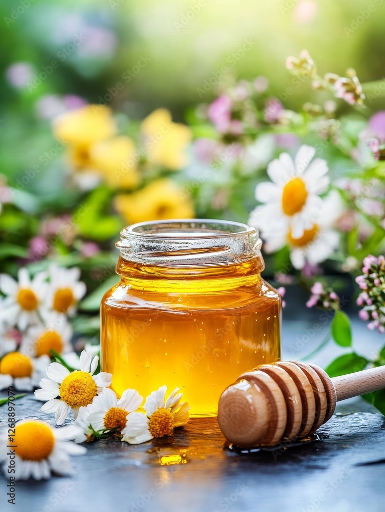 Golden Honey Jar with Wooden Dipper and Daisies - A jar of golden honey sits amongst blooming daisies, symbolizing nature, sweetness, purity, health Golden Honey Jar with Wooden Dipper and Daisies - A jar of golden honey sits amongst blooming daisies, symbolizing nature, sweetness, purity, health