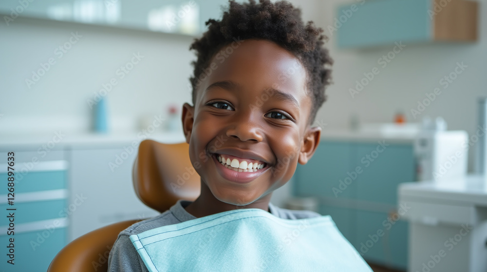 Smiling Young Boy Child Kid (Afro-American African Black) at Dentist Chair Office, Healthy Teeth at Pediatric Dental Clinic, Dental Care for Children Smiling Young Boy Child Kid (Afro-American African Black) at Dentist Chair Office, Healthy Teeth at Pediatric Dental Clinic, Dental Care for Children