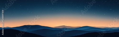 Starlit silhouette over distant mountain range at twilight with deep blue sky and scattered stars