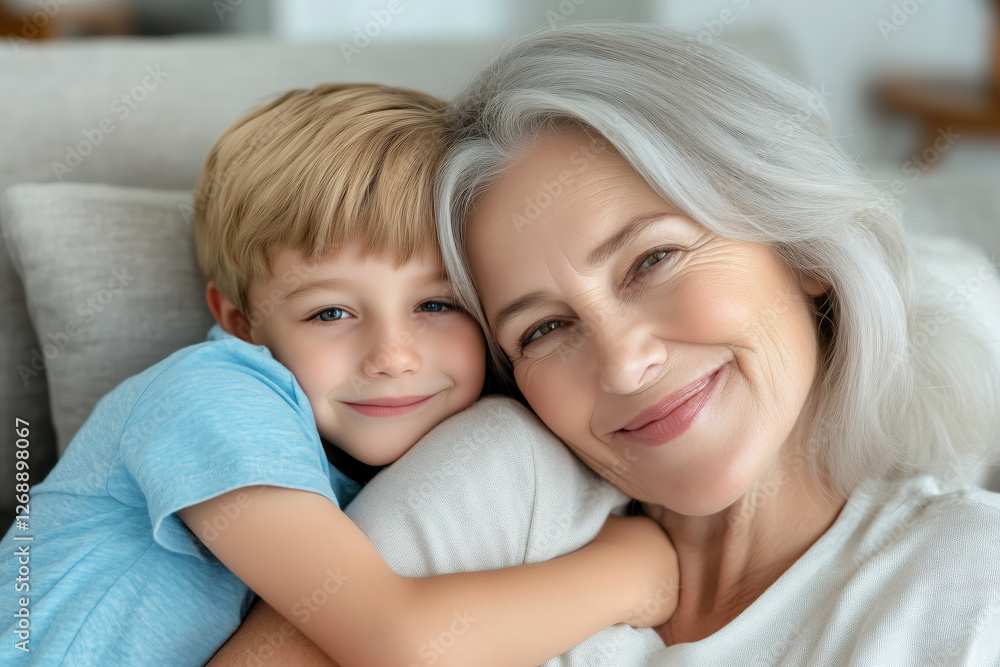 Portrait of smiling grandmother and grandson looking at camera while lying on sofa at home Portrait of smiling grandmother and grandson looking at camera while lying on sofa at home