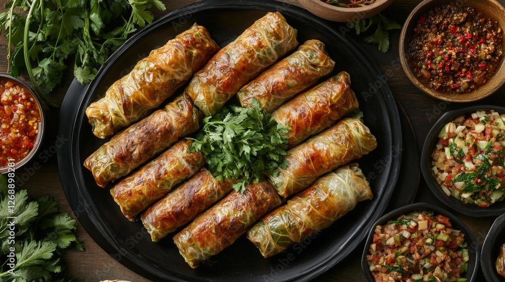 A delicious platter of crispy rolls garnished with herbs, accompanied by various dips and salads. A delicious platter of crispy rolls garnished with herbs, accompanied by various dips and salads.