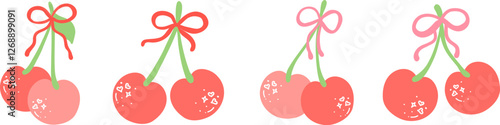 Cute cherries with bow Flat Design	 photo