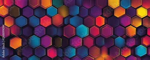 A vibrant hexagonal pattern featuring a blend of colors like blue, orange, and purple, perfect for backgrounds, designs, and abstract art