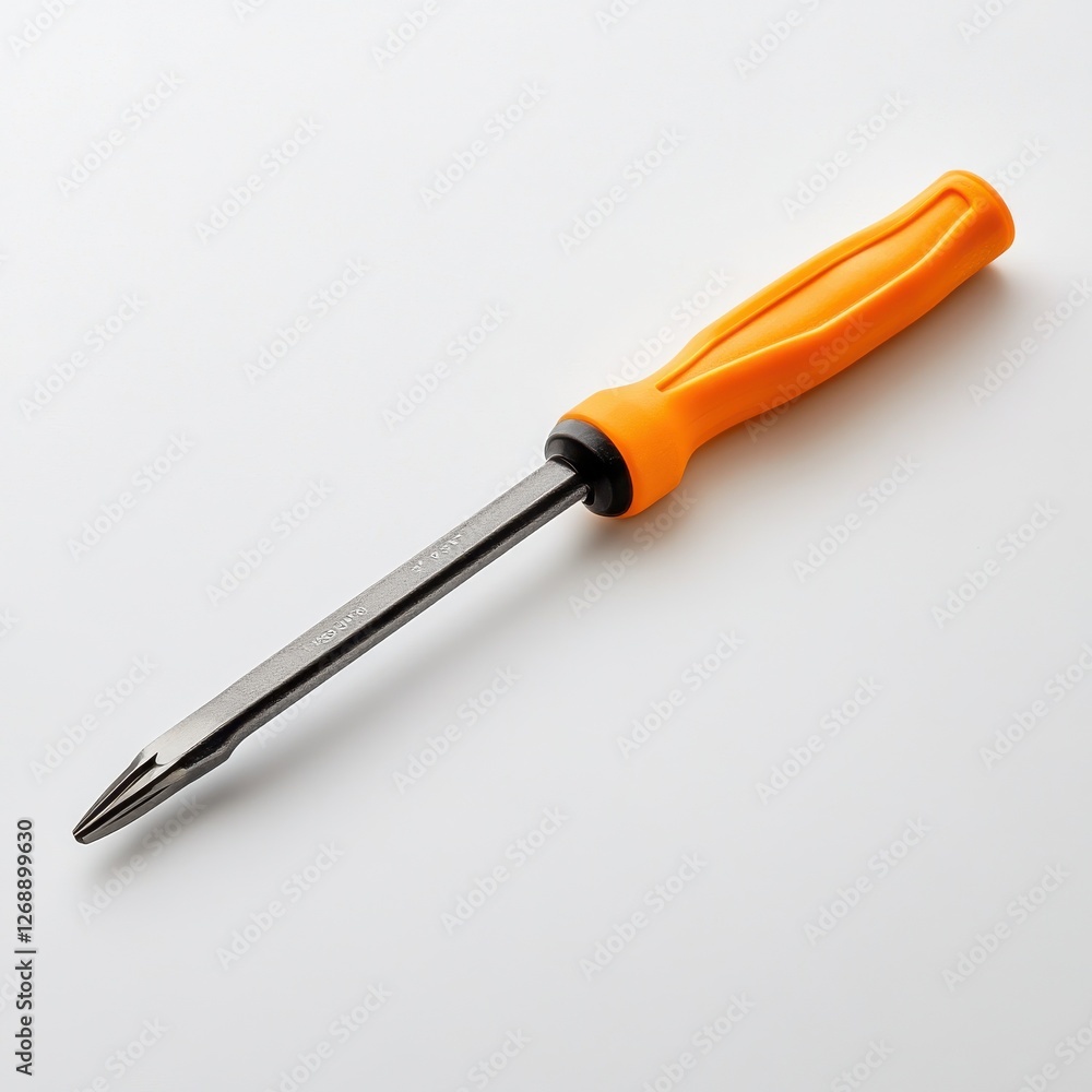 Screwdriver with orange handle designed for various household and mechanical tasks on a plain background Screwdriver with orange handle designed for various household and mechanical tasks on a plain background