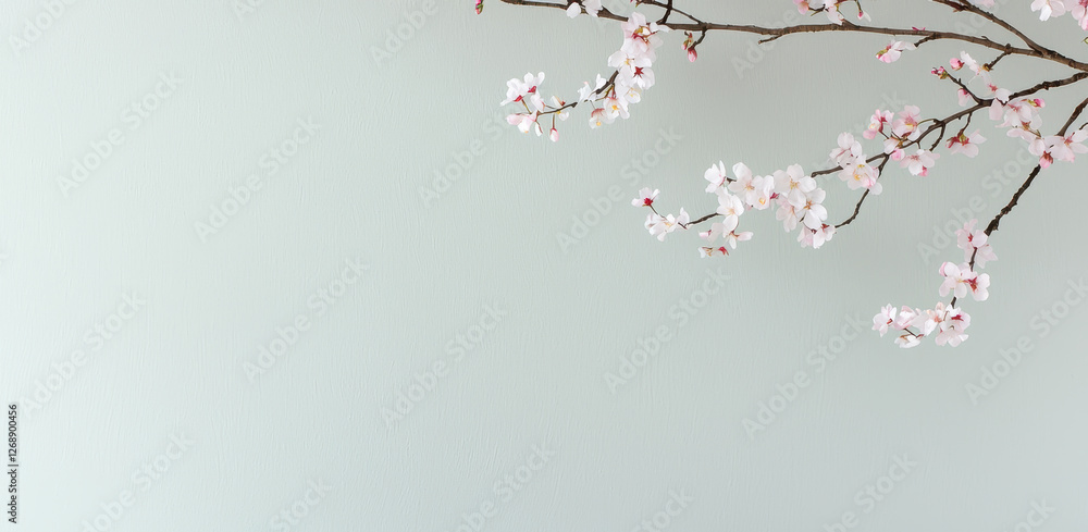 Delicate cherry blossom branch against soft green background, creating serene atmosphere Delicate cherry blossom branch against soft green background, creating serene atmosphere