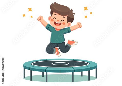 Flat style illustration of a happy boy jumping high on a trampoline with his arms raised in the air.