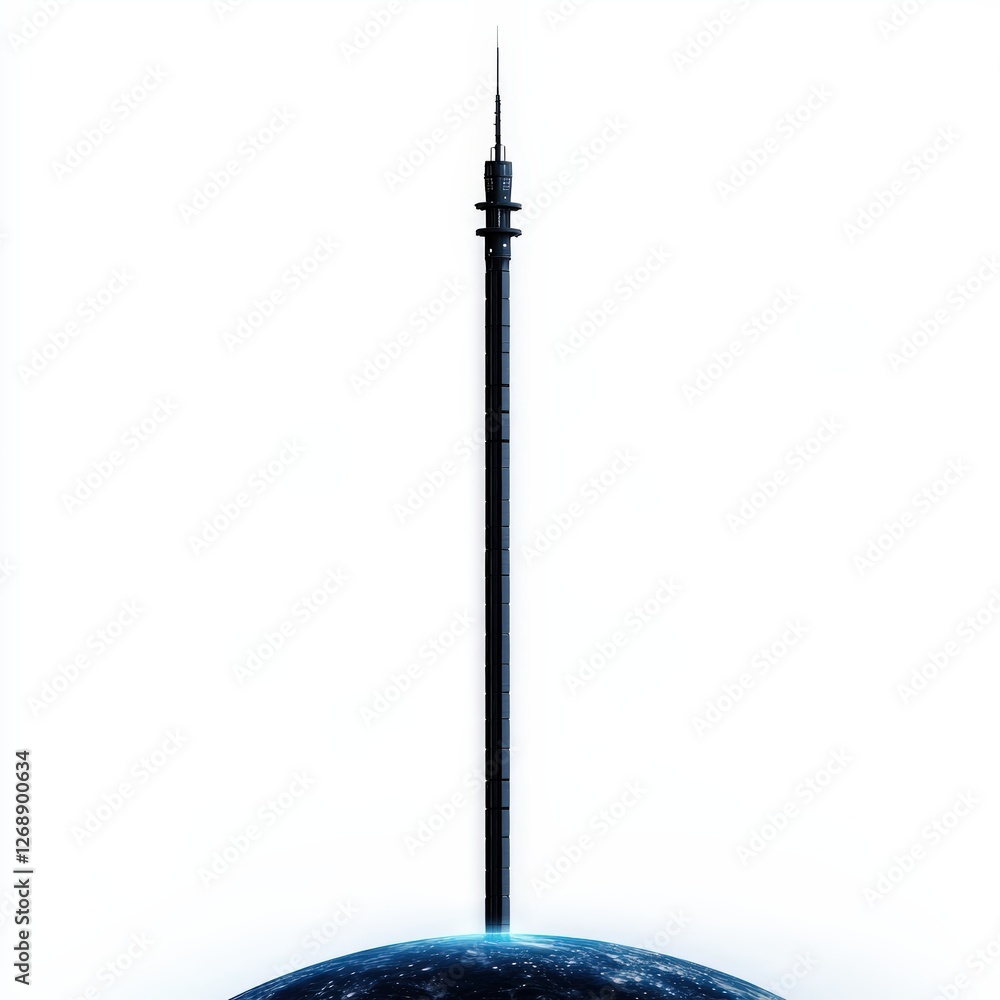 A towering structure rises above a blue planet, symbolizing technology and modern architecture against a minimalist backdrop. A towering structure rises above a blue planet, symbolizing technology and modern architecture against a minimalist backdrop.