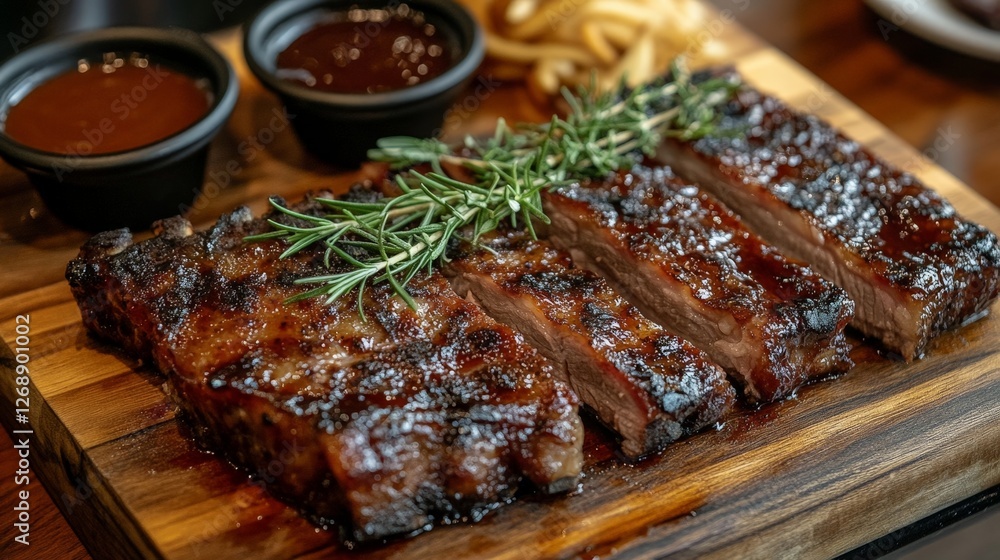 A delicious serving of grilled ribs with sauces and herbs on a wooden platter. A delicious serving of grilled ribs with sauces and herbs on a wooden platter.