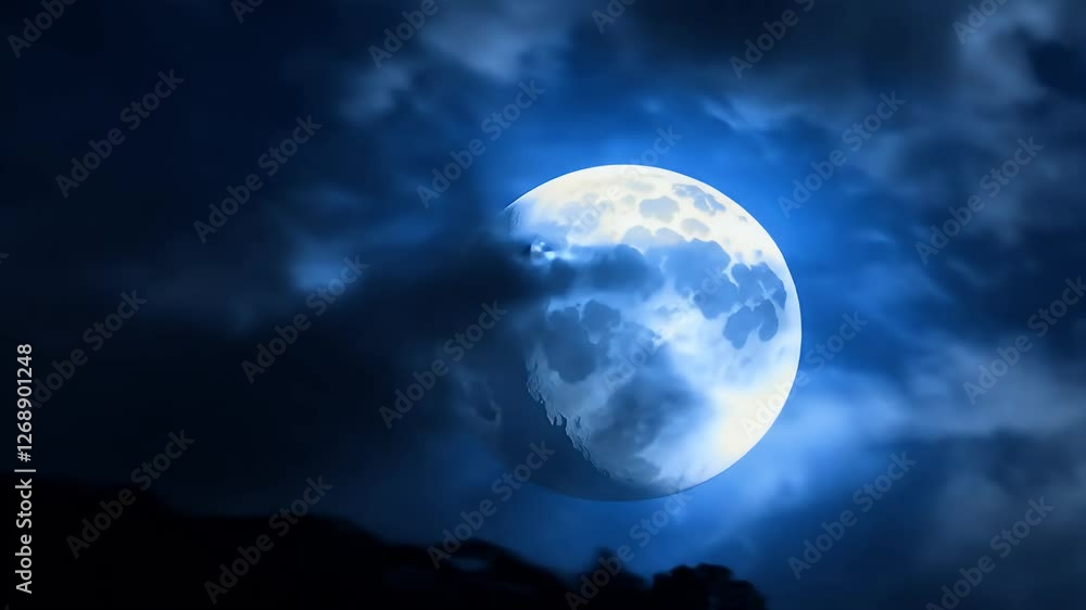 Fast motion video showing rare blue moon emerging drifting clouds highlighting uncommon astronomical event often described occurring “once blue moon ”
