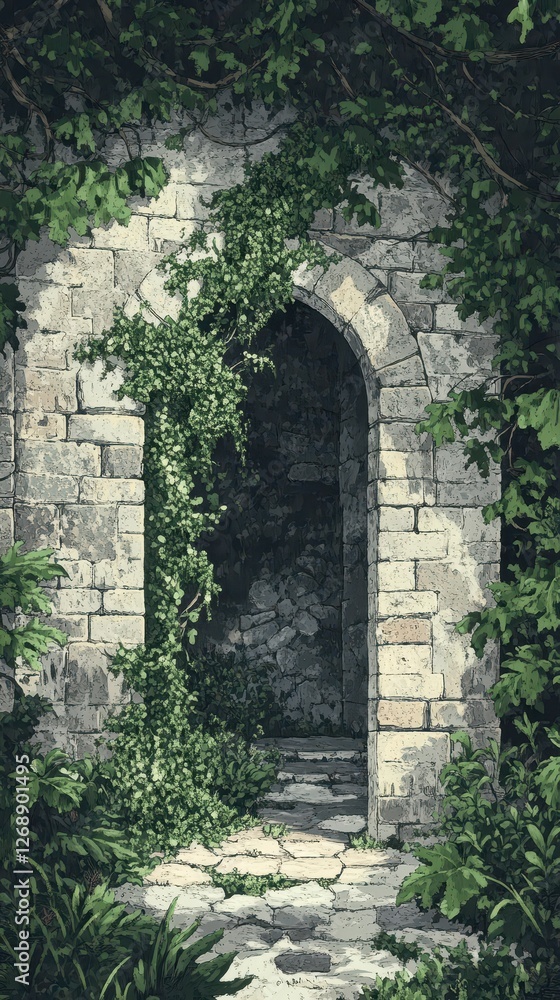 Obraz premium Stone archway entrance enveloped in green foliage and nature
