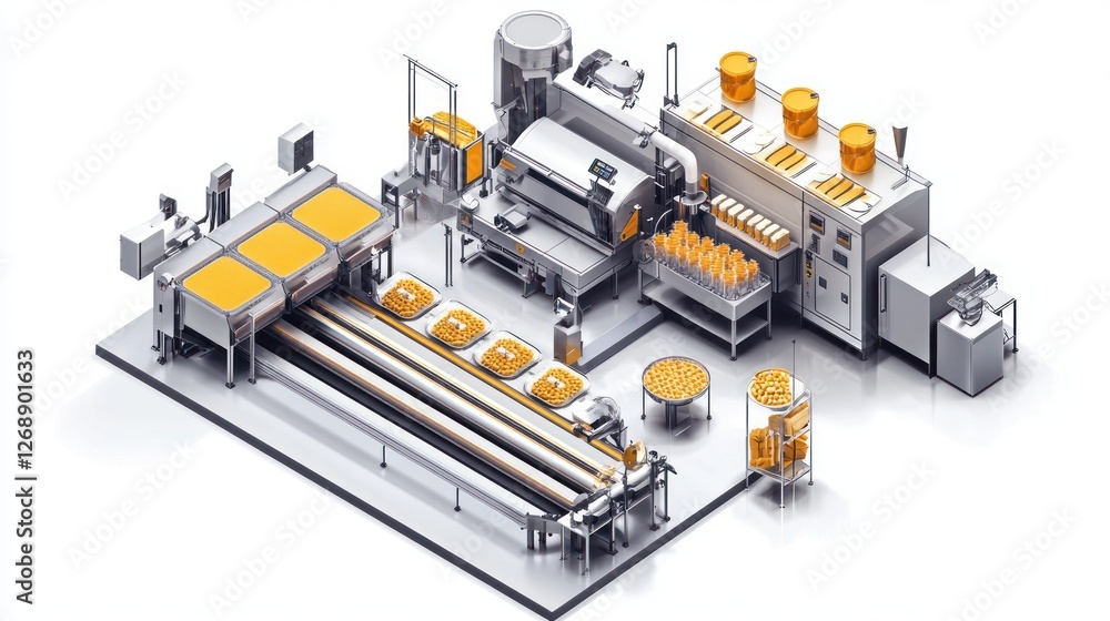 Isometric view of automated food production line with conveyor belts, packaging, and processing machinery. Isometric view of automated food production line with conveyor belts, packaging, and processing machinery.