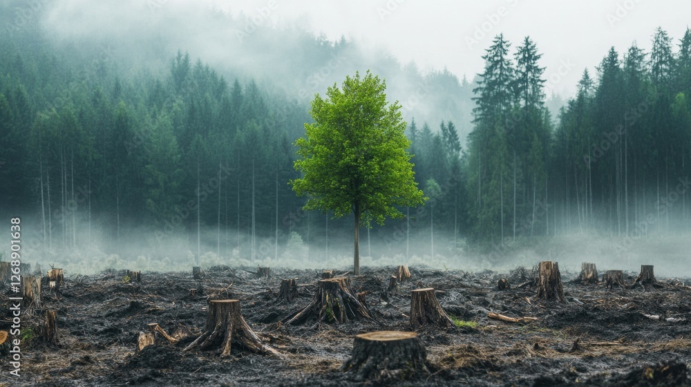 Striking contrast of a lone green tree amidst a deforested landscape on a misty morning. Generative AI Striking contrast of a lone green tree amidst a deforested landscape on a misty morning. Generative AI