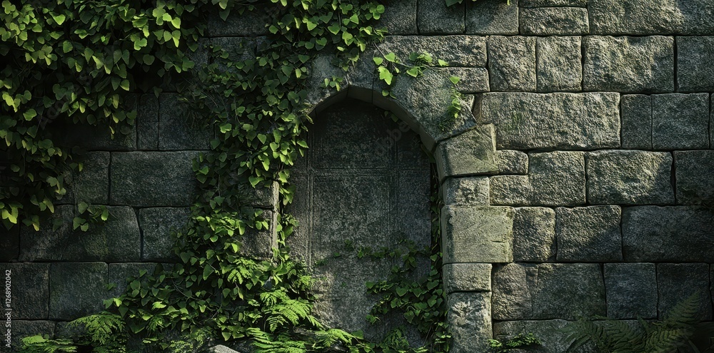 Stone wall with archway covered in climbing vegetation Stone wall with archway covered in climbing vegetation