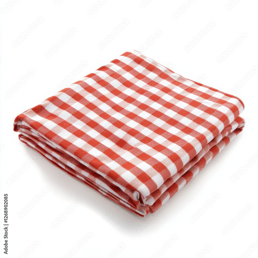 Folded red and white picnic blanket ready for outdoor gatherings in sunny weather Folded red and white picnic blanket ready for outdoor gatherings in sunny weather